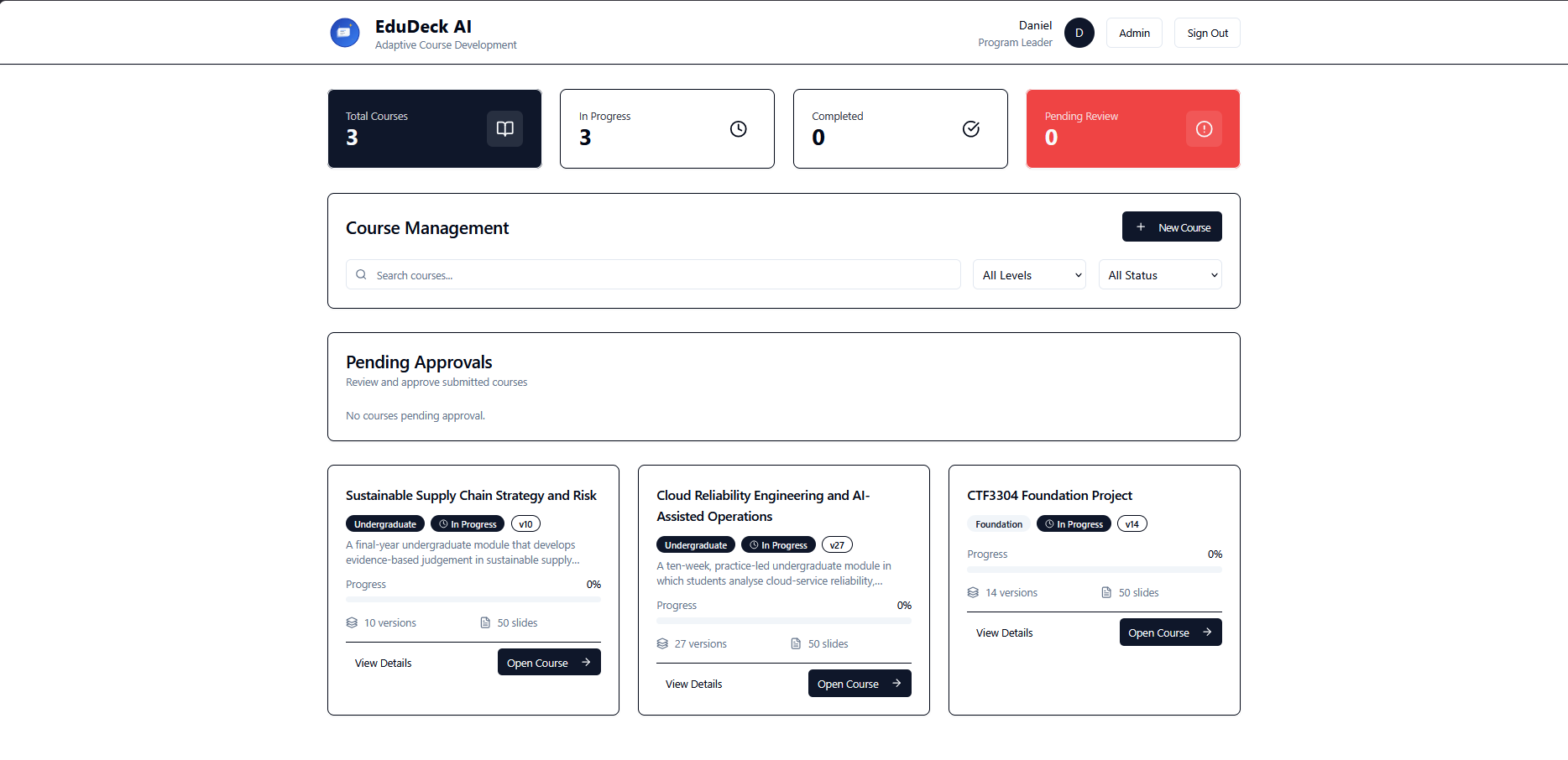 EduDeck AI course management dashboard
